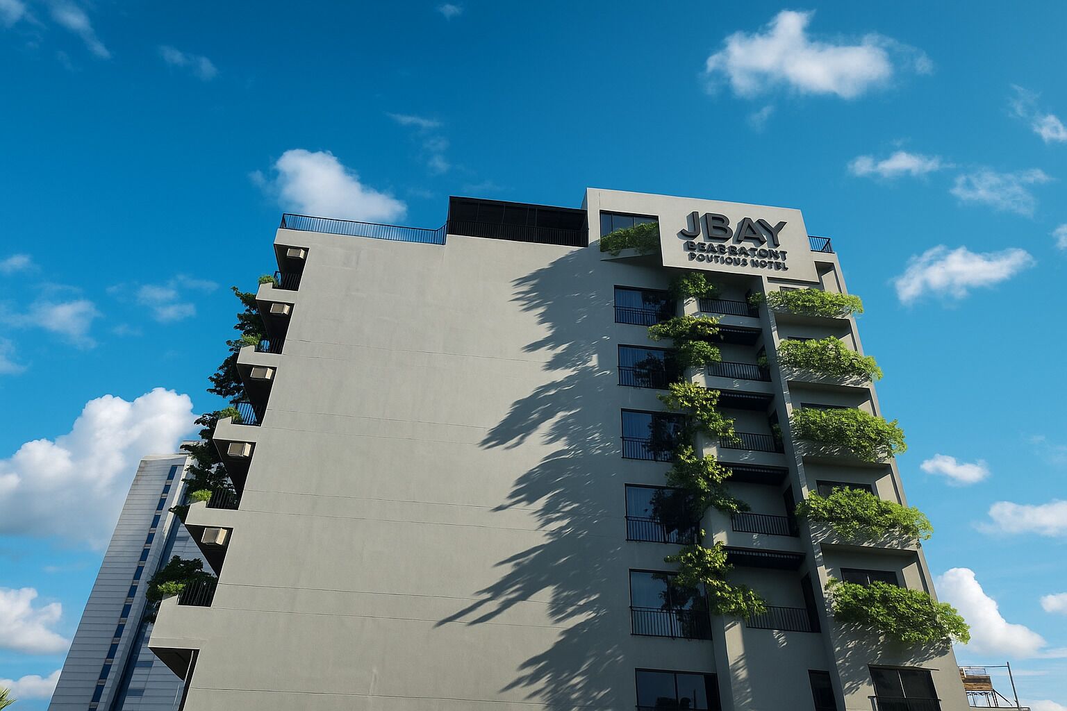 Un hôtel moderne avec des balcons et une enseigne indiquant « JBay ».