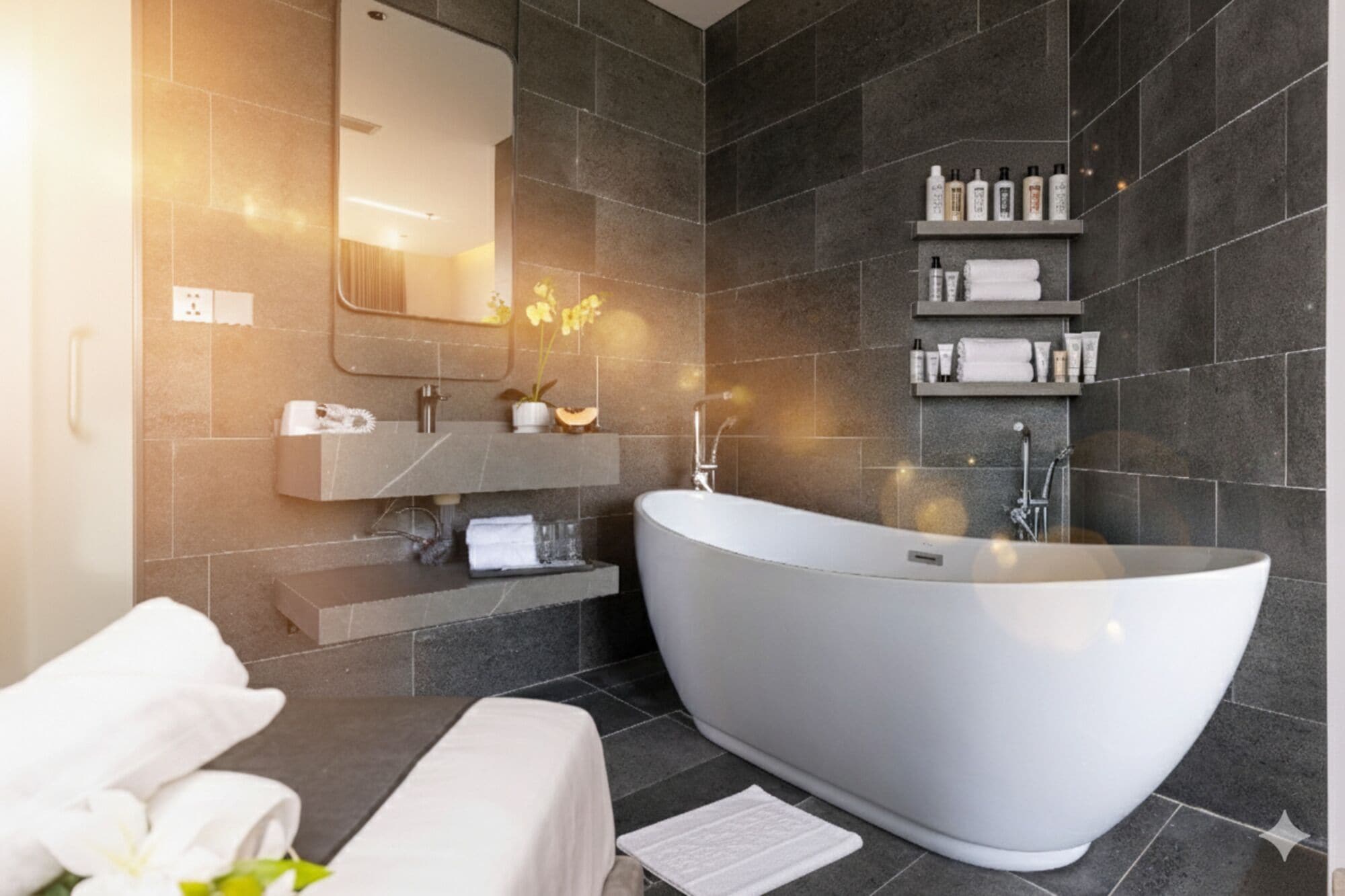 A modern bathroom with a freestanding bathtub, a vanity with a mirror, and shelves with toiletries.