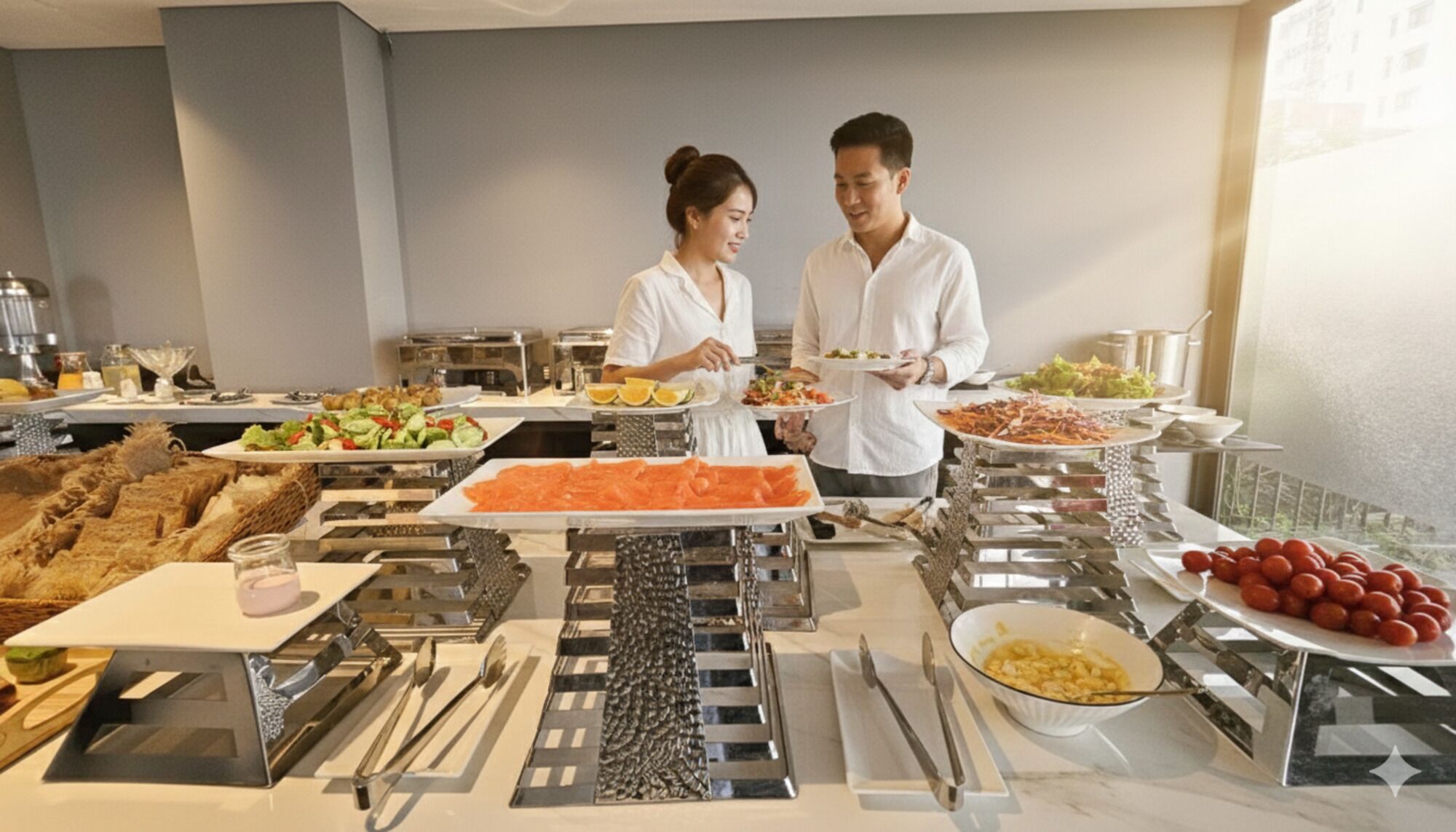 A buffet setup with various food items and serving utensils.
