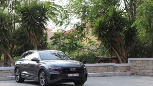 Un automóvil Audi gris estacionado en un área pavimentada con muros de piedra y palmeras al fondo.