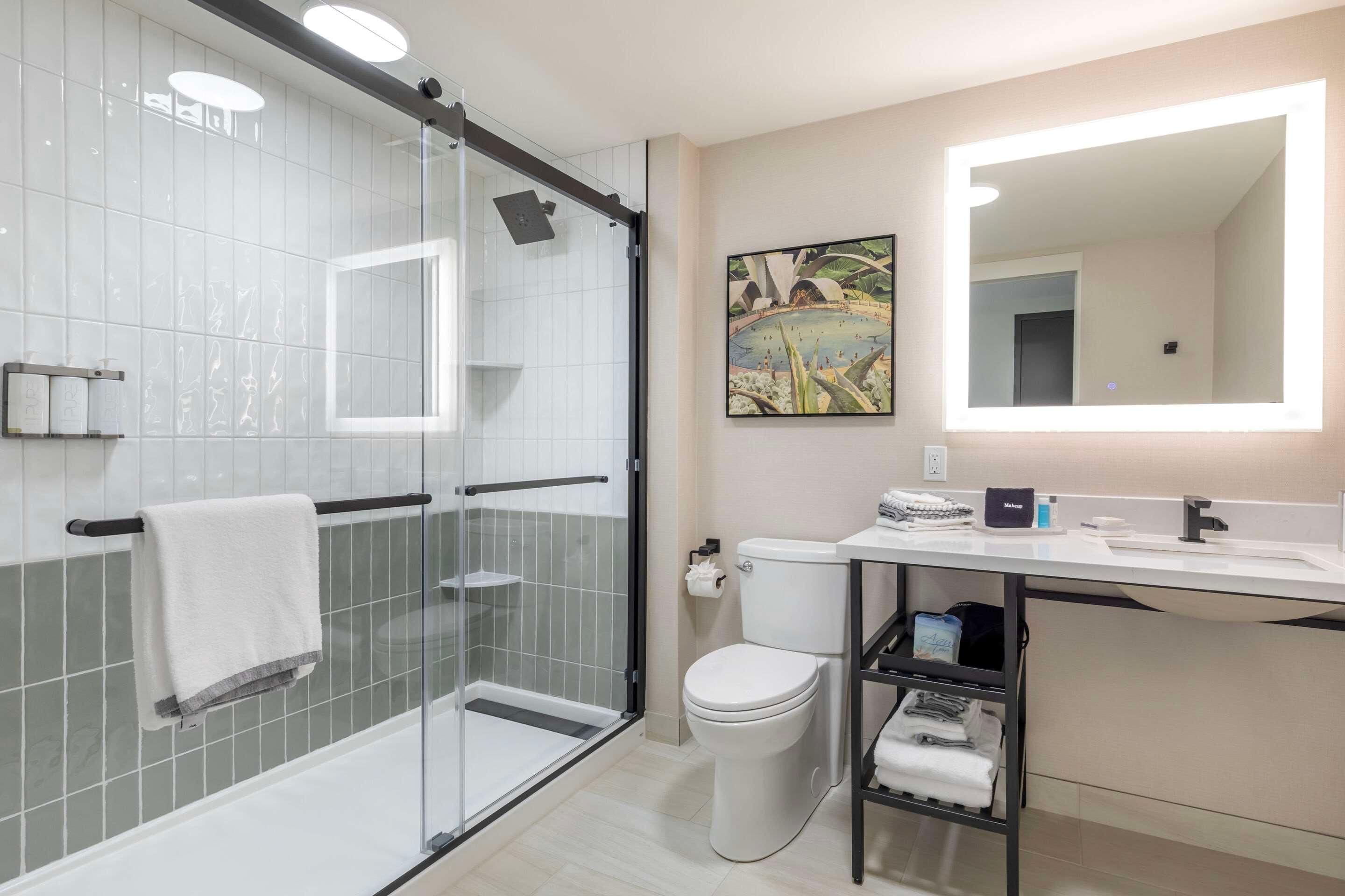 Un bagno moderno con doccia vetrata, un water e un lavabo con specchio.