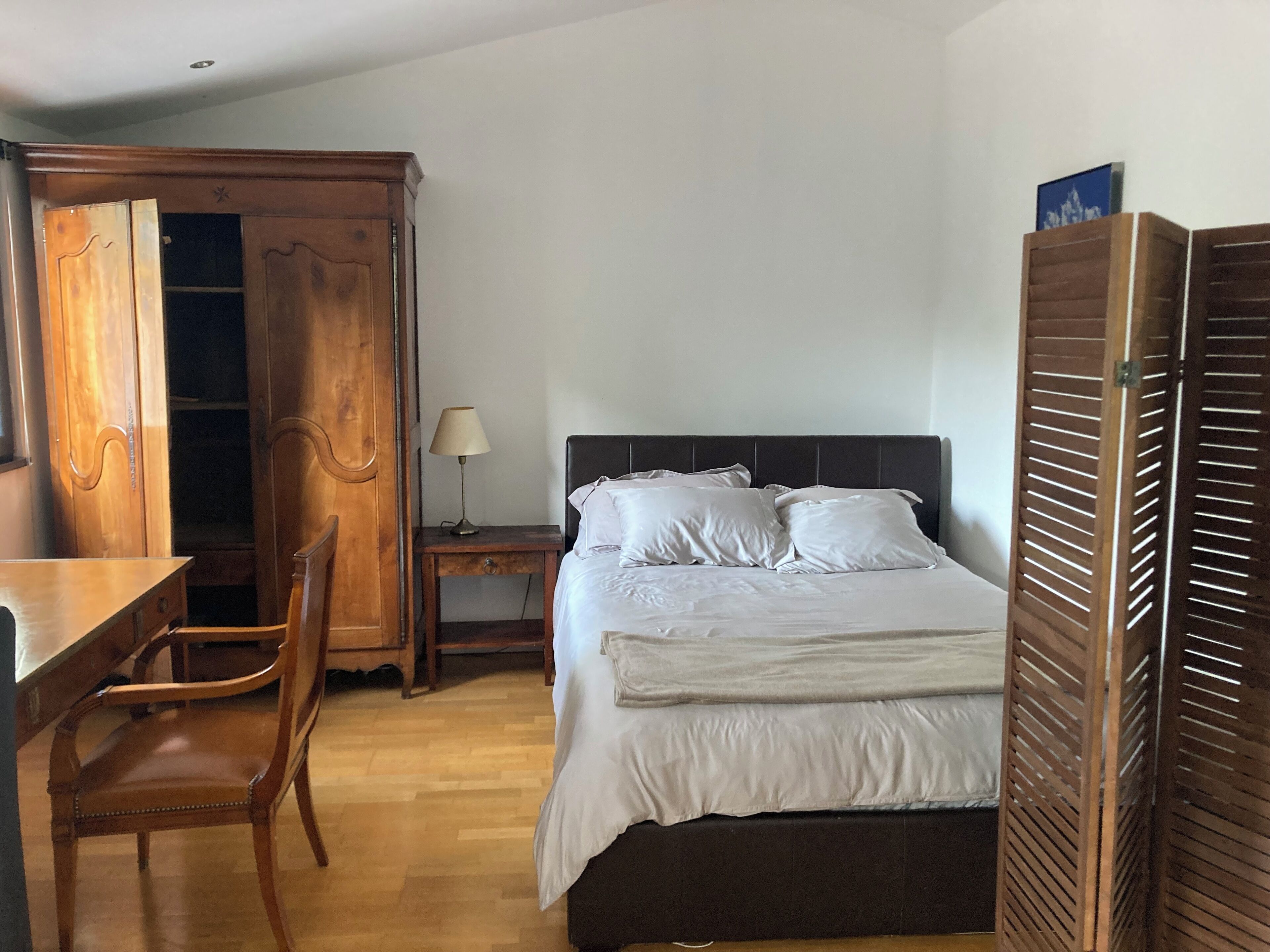 1 bedroom, desk, iron/ironing board, bed sheets