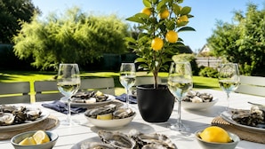 A table set outdoors with oysters, lemon wedges, and wine glasses.
