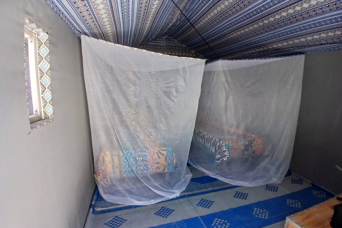 A room with a patterned floor, a bed with a white sheet, and a mosquito net over the bed.
