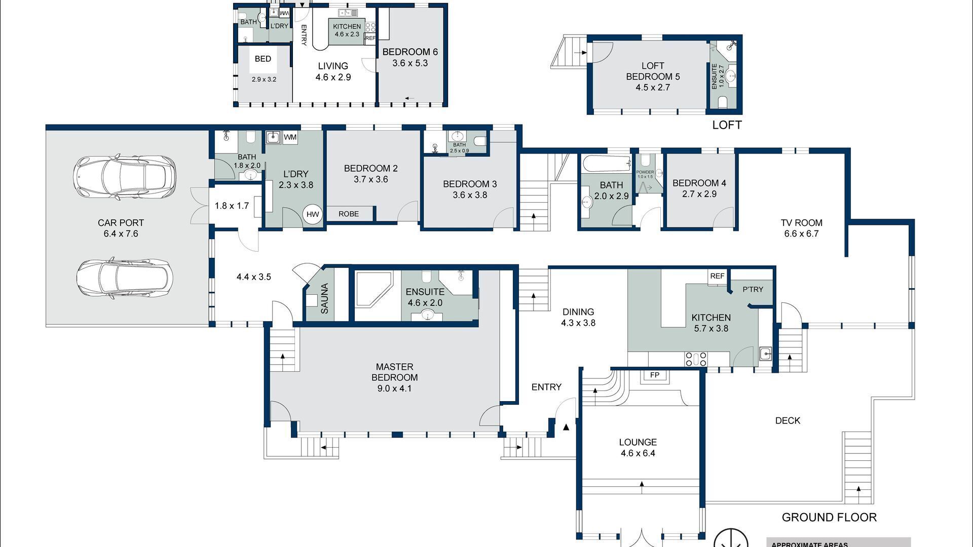A floor plan of a hotel with multiple bedrooms, a master bedroom, a lounge, a sauna, and a car port.