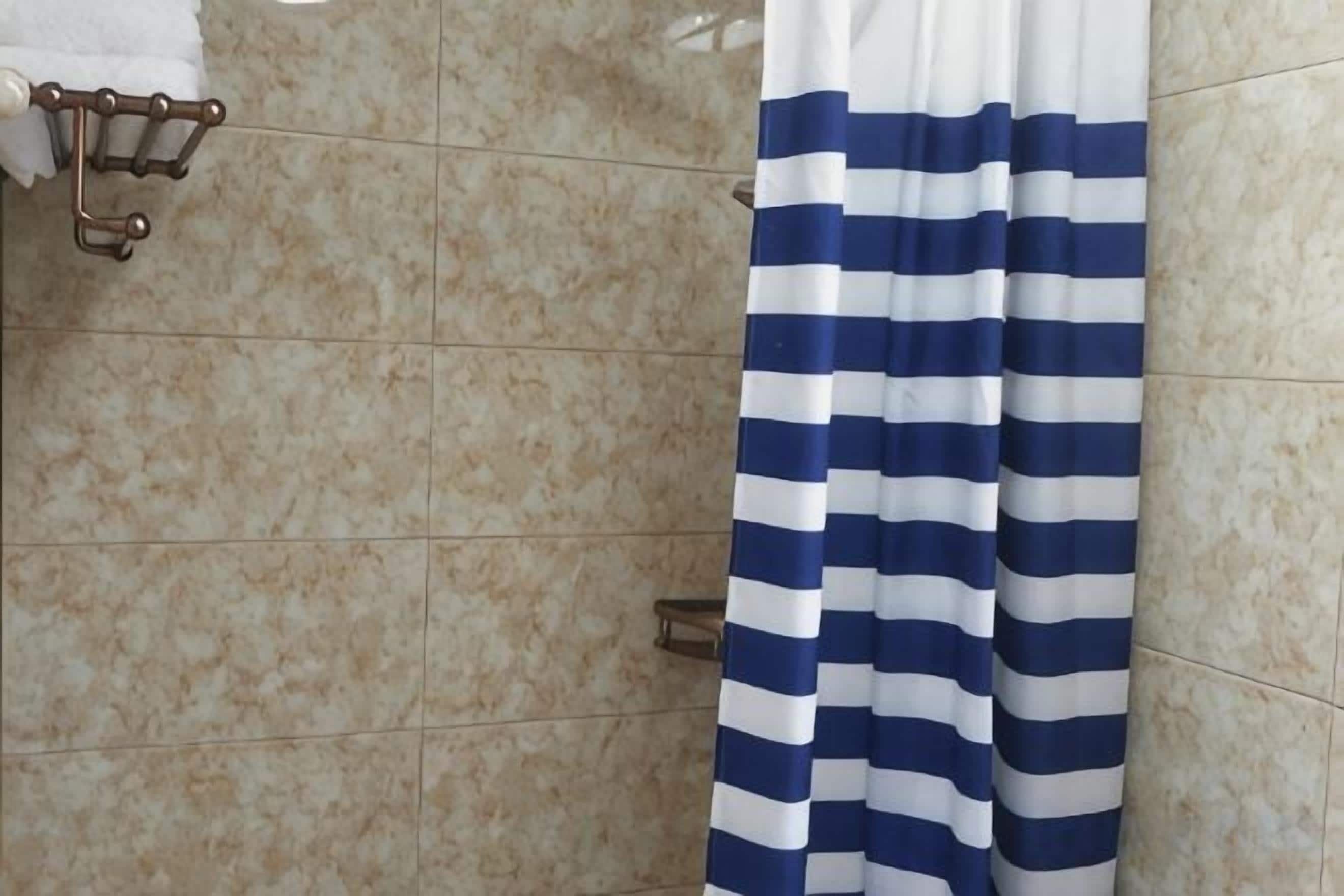Une salle de bain avec un rideau de douche, des murs carrelés et un porte-serviettes.