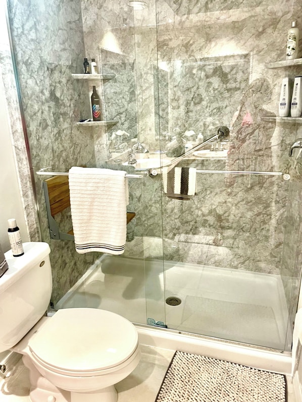 Shower, hair dryer, towels, toilet paper
