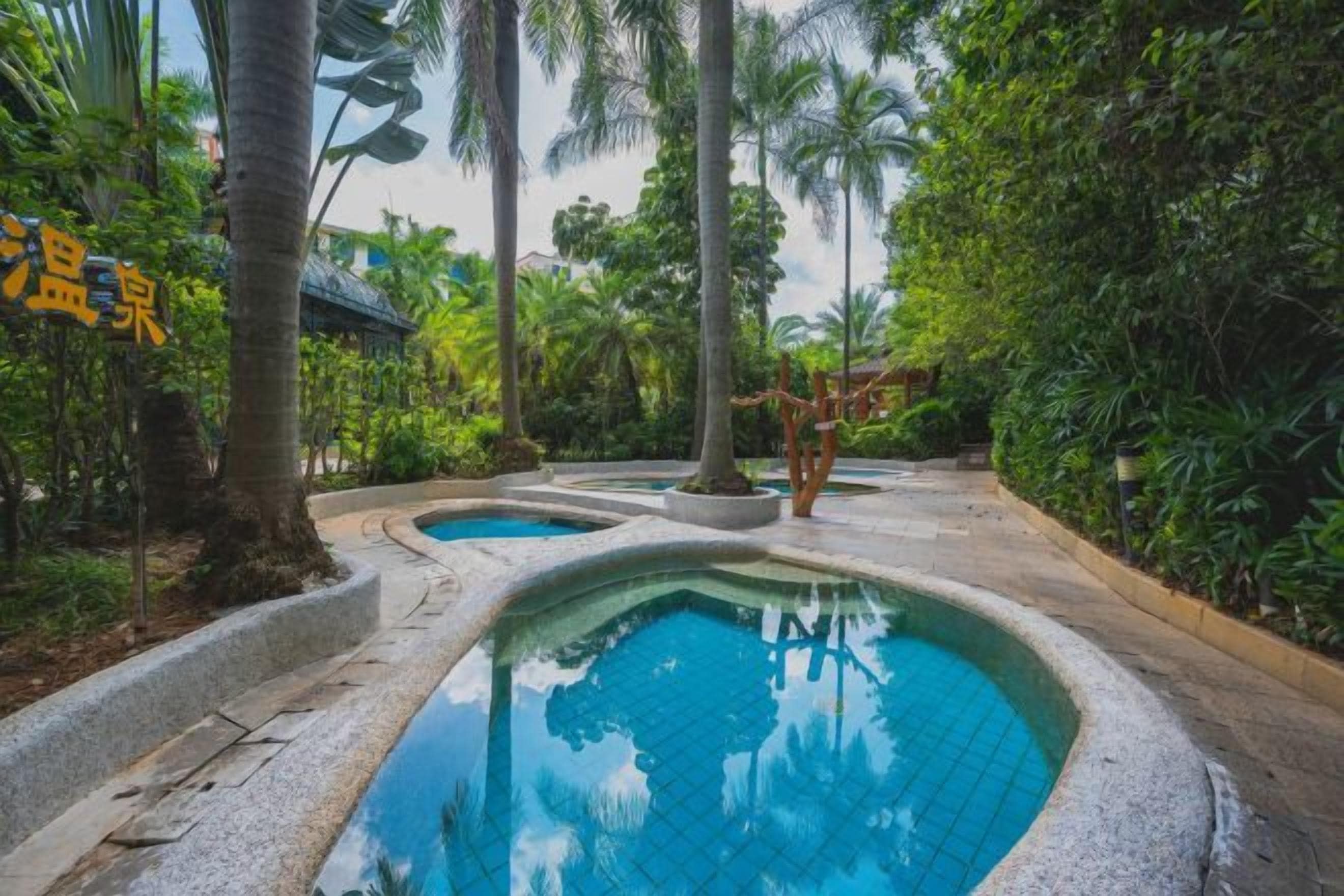 Un área de piscina con varias piscinas rodeadas de exuberante vegetación tropical.