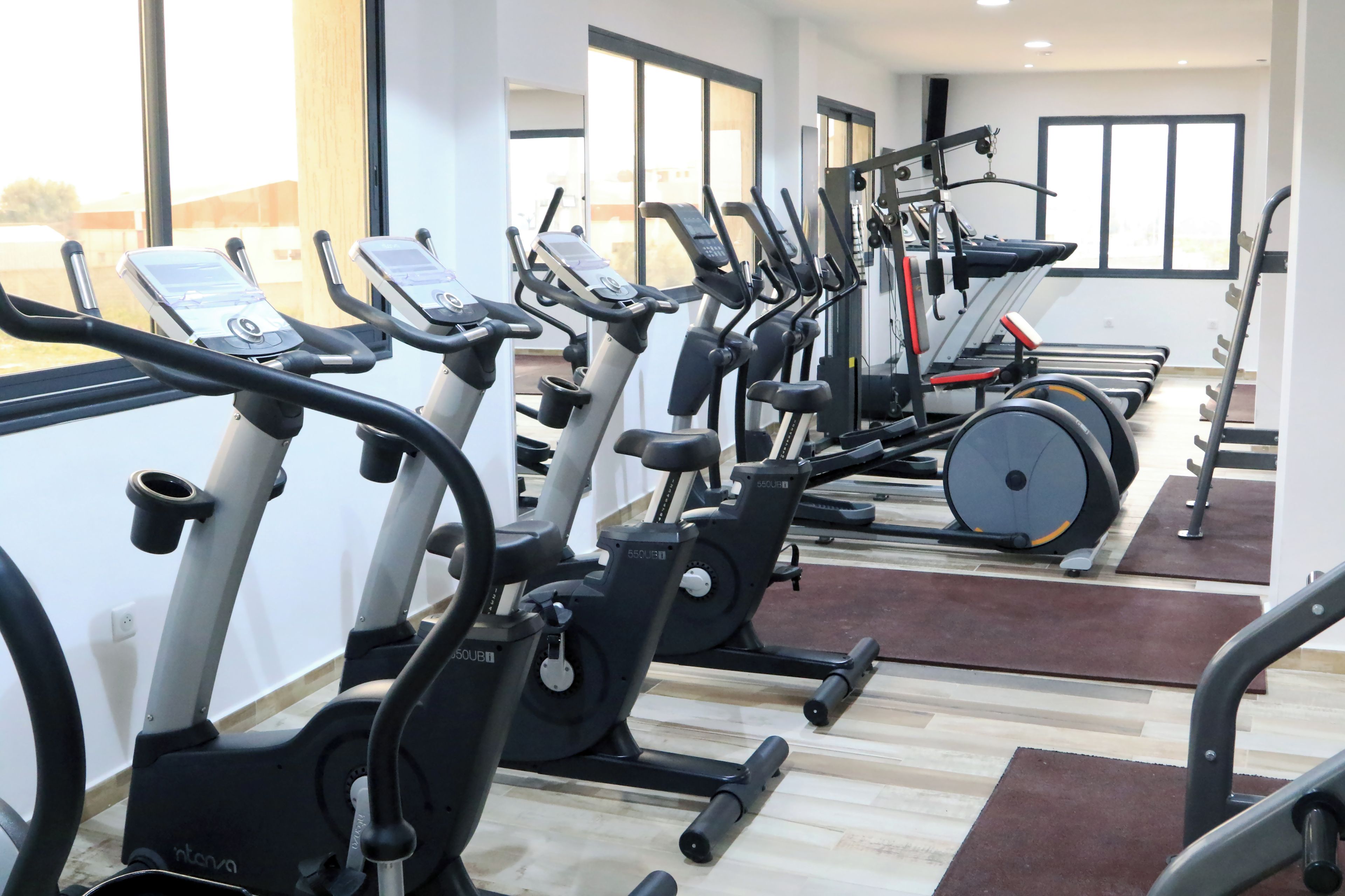 Ein Fitnessraum mit mehreren Trainingsgeräten, darunter Laufbänder und Crosstrainer, die in Reihen angeordnet sind.