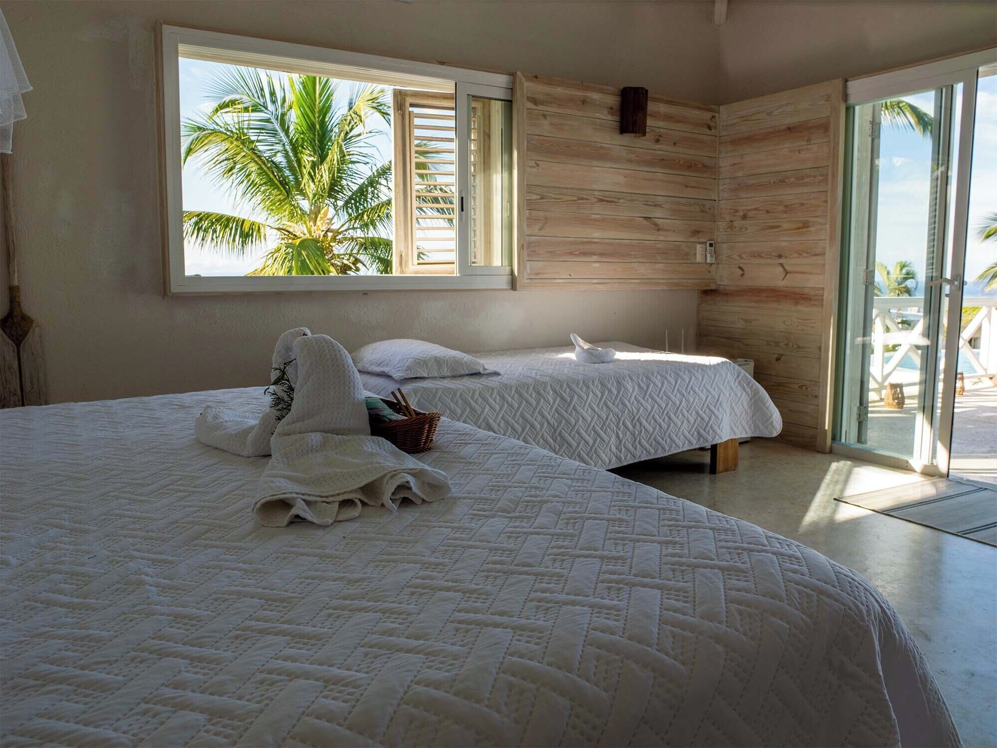 Habitación de hotel con dos camas, un ventanal con vistas a palmeras y una pared de madera.