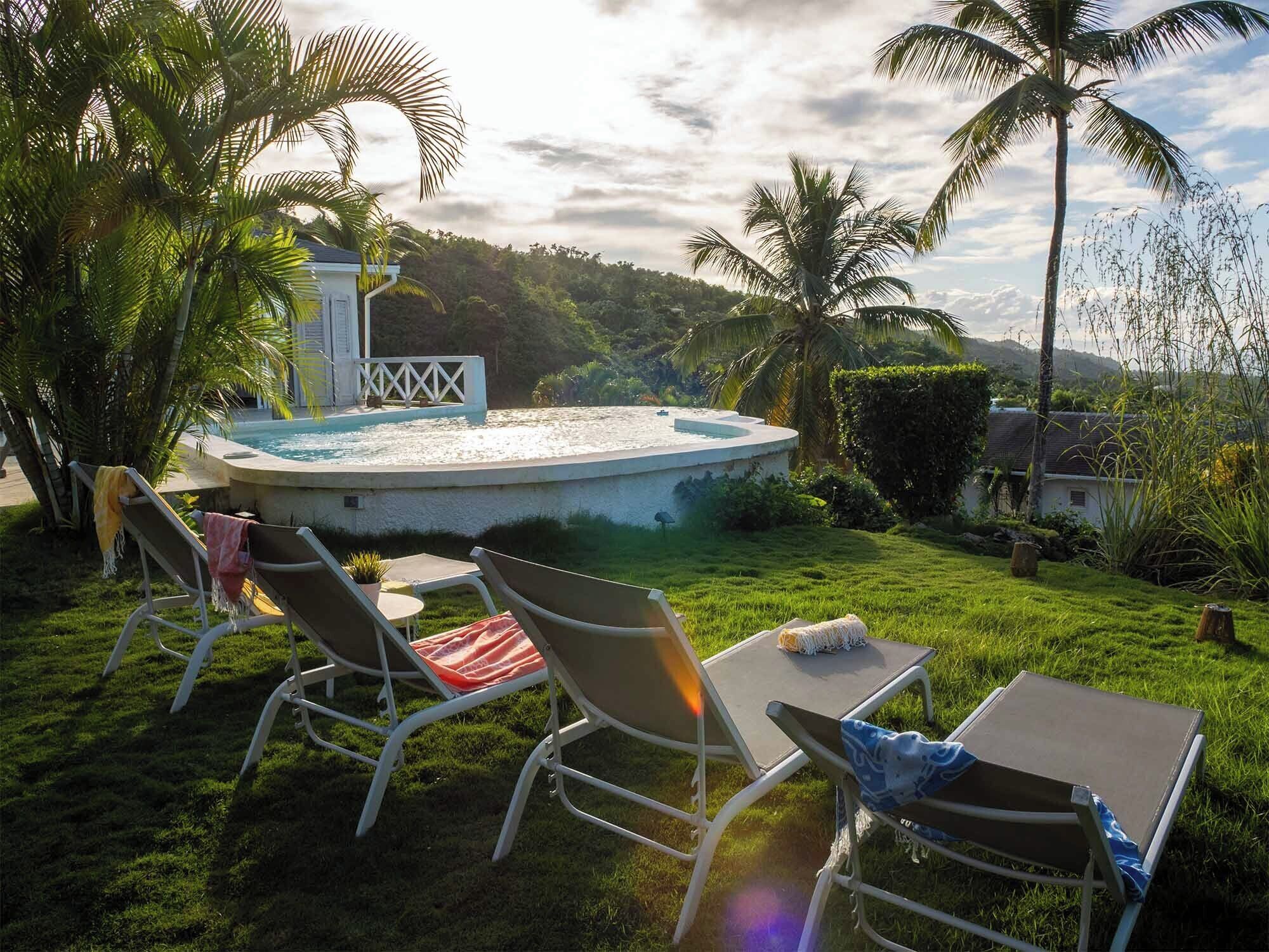 A pool area with lounge chairs and a small table, surrounded by palm trees and a grassy lawn.