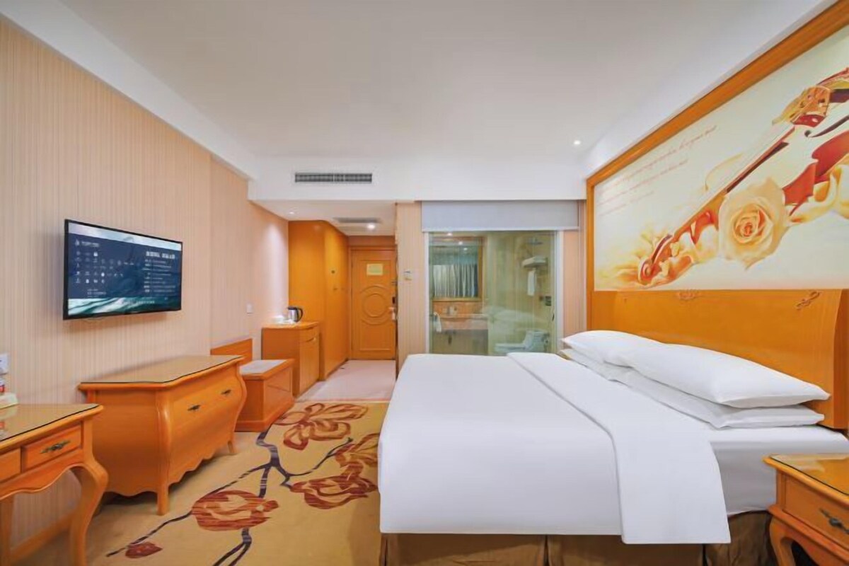 Camera d'albergo con un letto, una televisione, una scrivania, un armadio e un bagno visibile attraverso una porta in vetro.