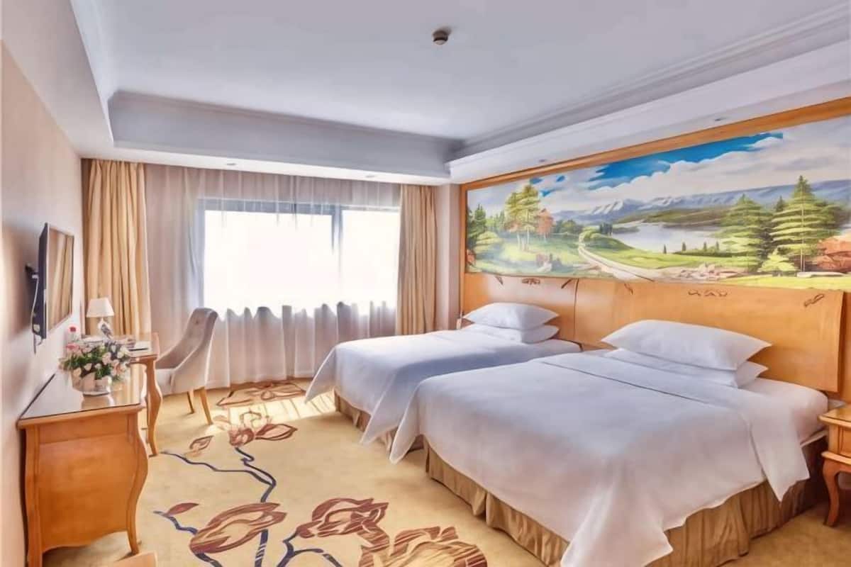 Habitación de hotel con dos camas, un escritorio, una silla, un televisor y un cuadro de un paisaje.