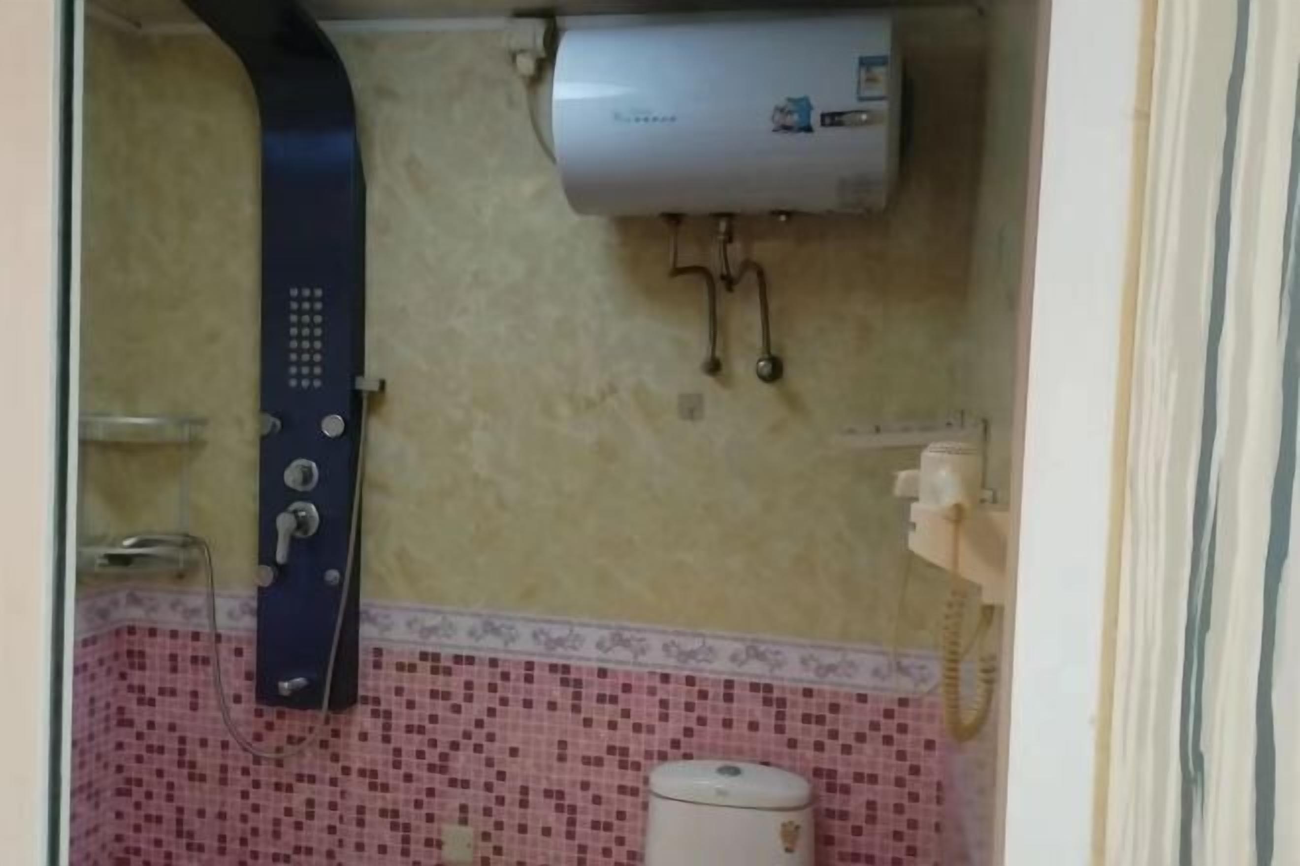 Un bagno con doccia, un water e uno scaldabagno.
