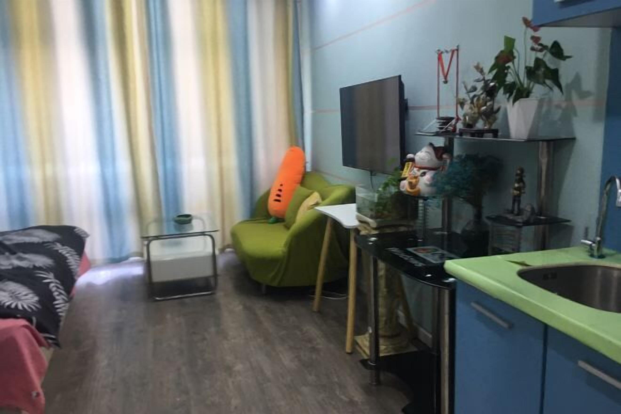 A compact living space with a kitchenette, a green chair, a flat-screen TV, and a plant.