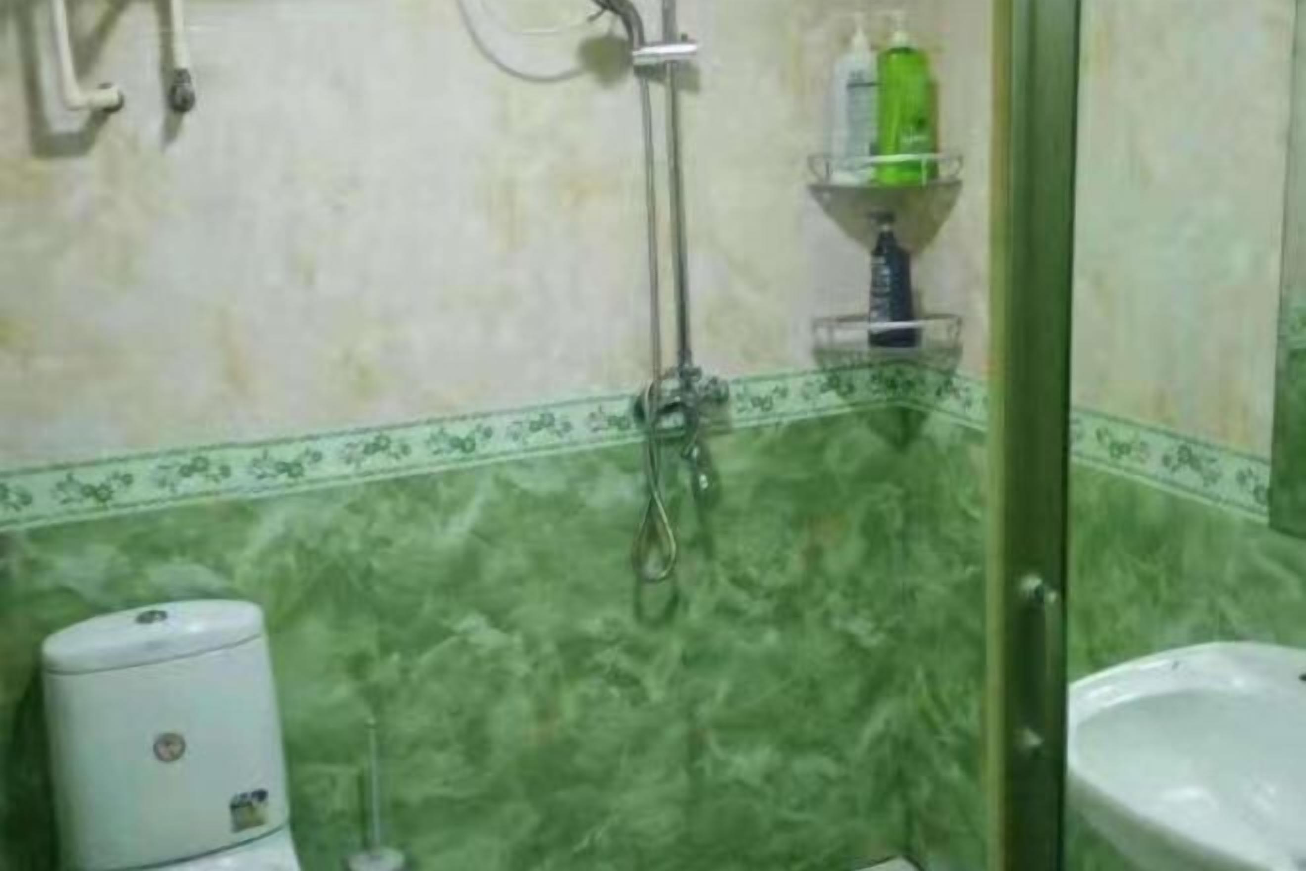 Een badkamer met douche, toilet en wastafel.