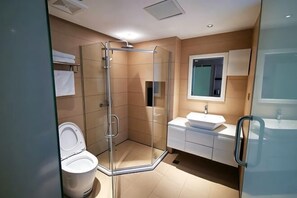 Ein modernes Badezimmer mit Duschkabine, Toilette, Waschbecken und Spiegel.