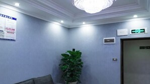 A room with a grey sofa, a potted plant, and a door with an emergency exit sign. - Qiangxing Inn (Chongqing)