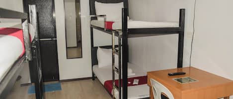 Une chambre avec un lit superposé, un bureau et une chaise, une télévision et une fenêtre.