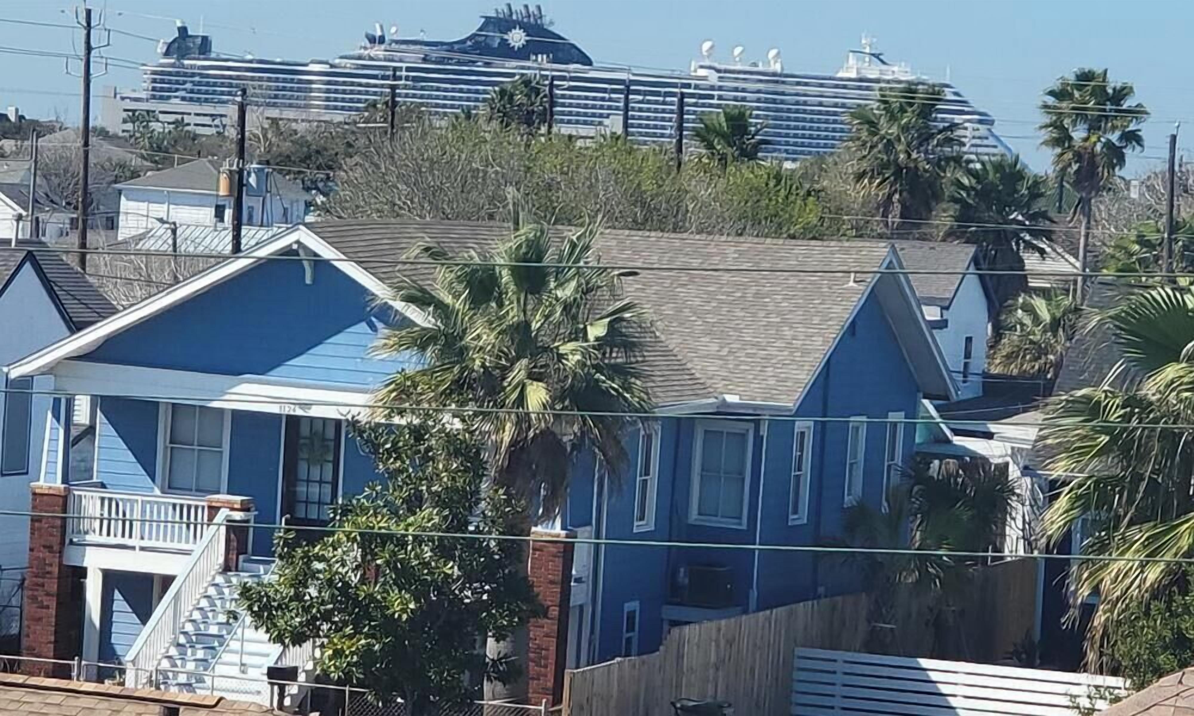 A residential area with houses, a palm tree, and a cruise ship in the background.