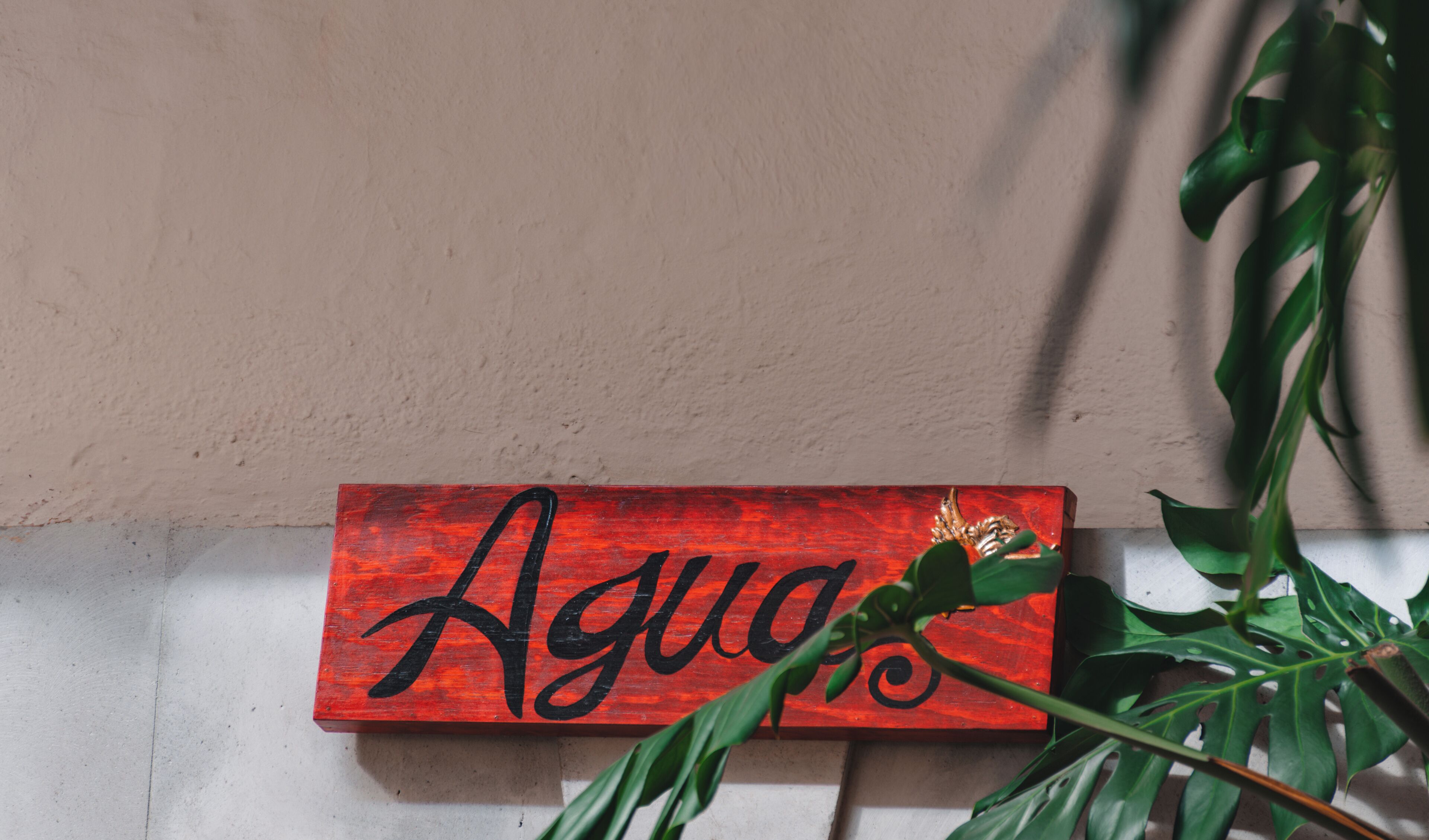Ein rotes Schild mit dem Wort "Agua" an einer beigen Wand.