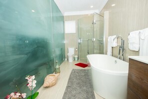 Hair dryer, towels, soap, shampoo