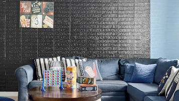 TV, fireplace, books, offices