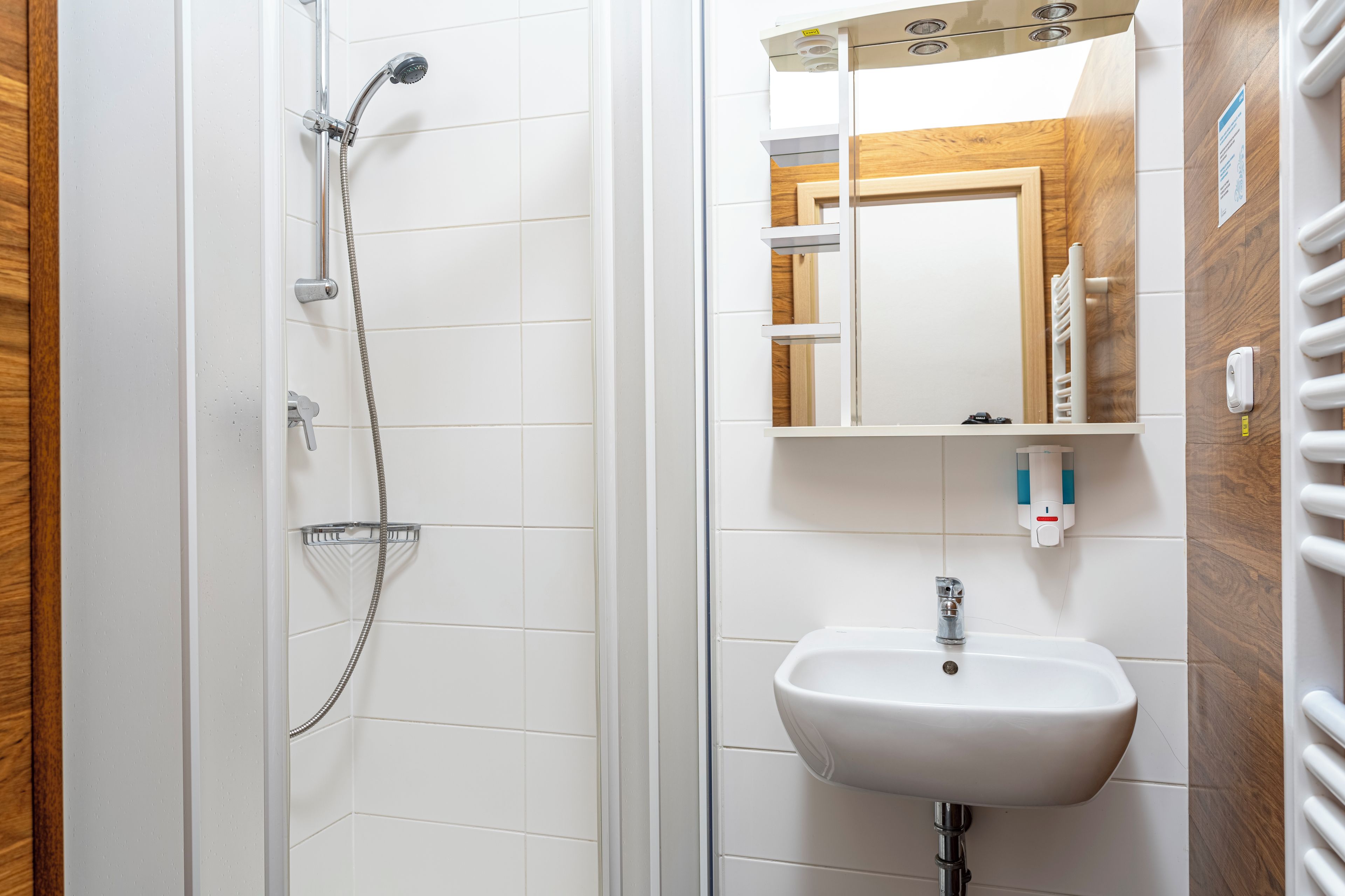 A bathroom with a shower, a sink, and a mirror.