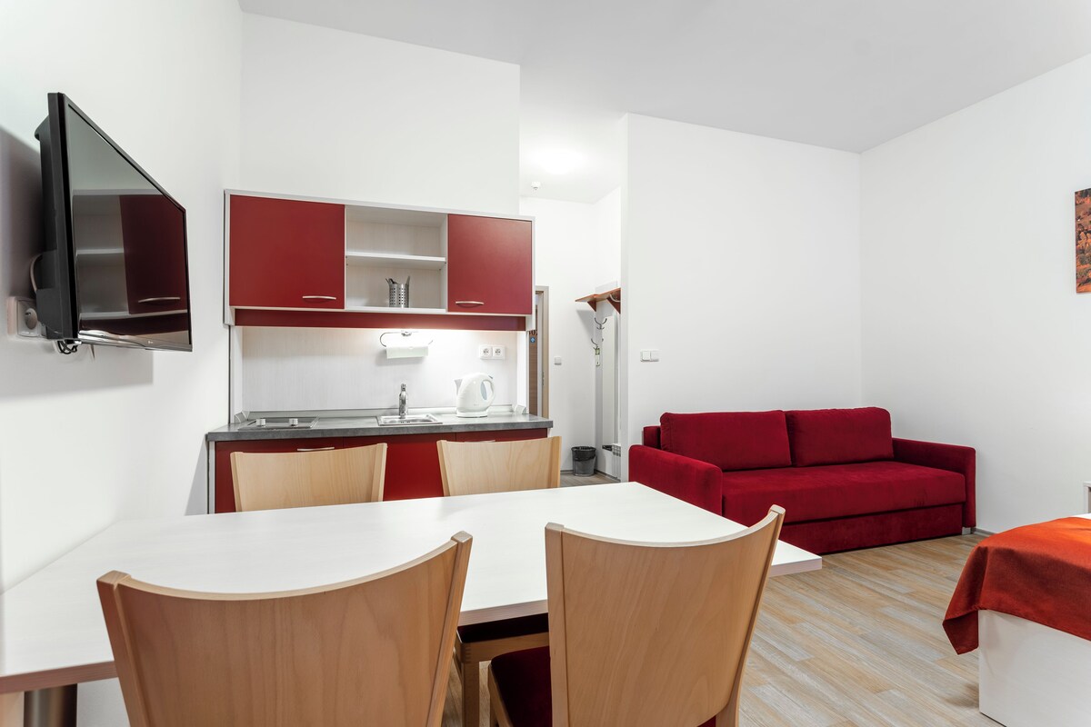 Un espacio habitable compacto con comedor, kitchenette y un sofá rojo.