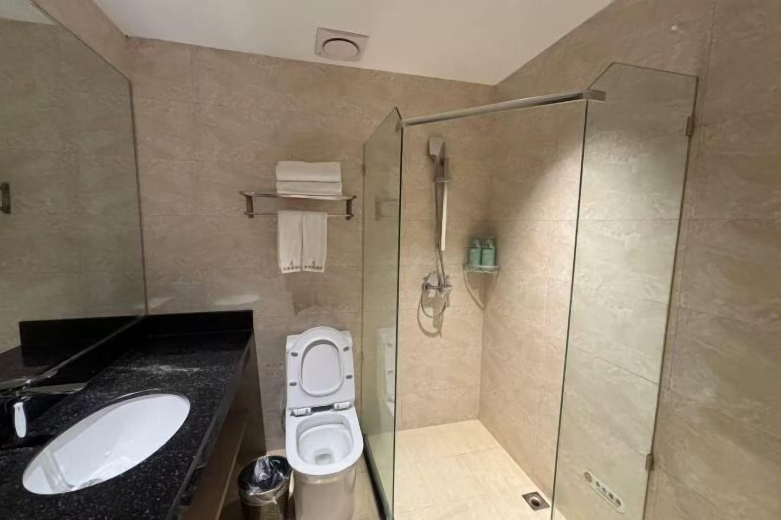 A modern bathroom with a glass-enclosed shower, a white toilet, and a black countertop with a sink.