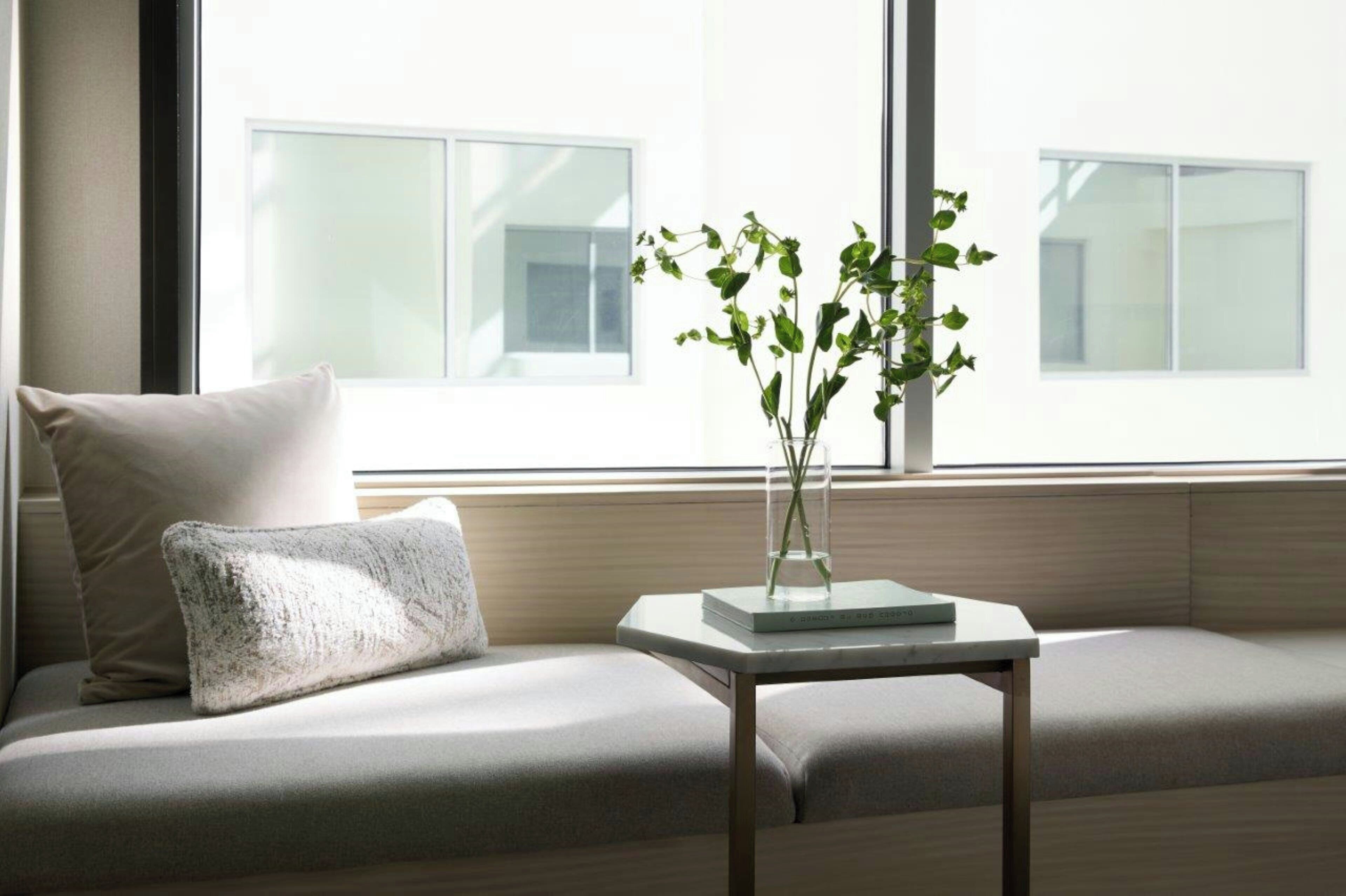 A modern living room with a sofa, a small table, and a vase with green plants.