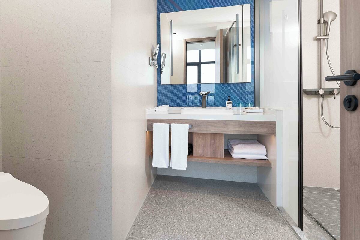 A modern bathroom with a toilet, a sink with a mirror, and a shower.
