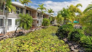 Un hôtel doté d’une piscine entourée de palmiers et d’un jardin.