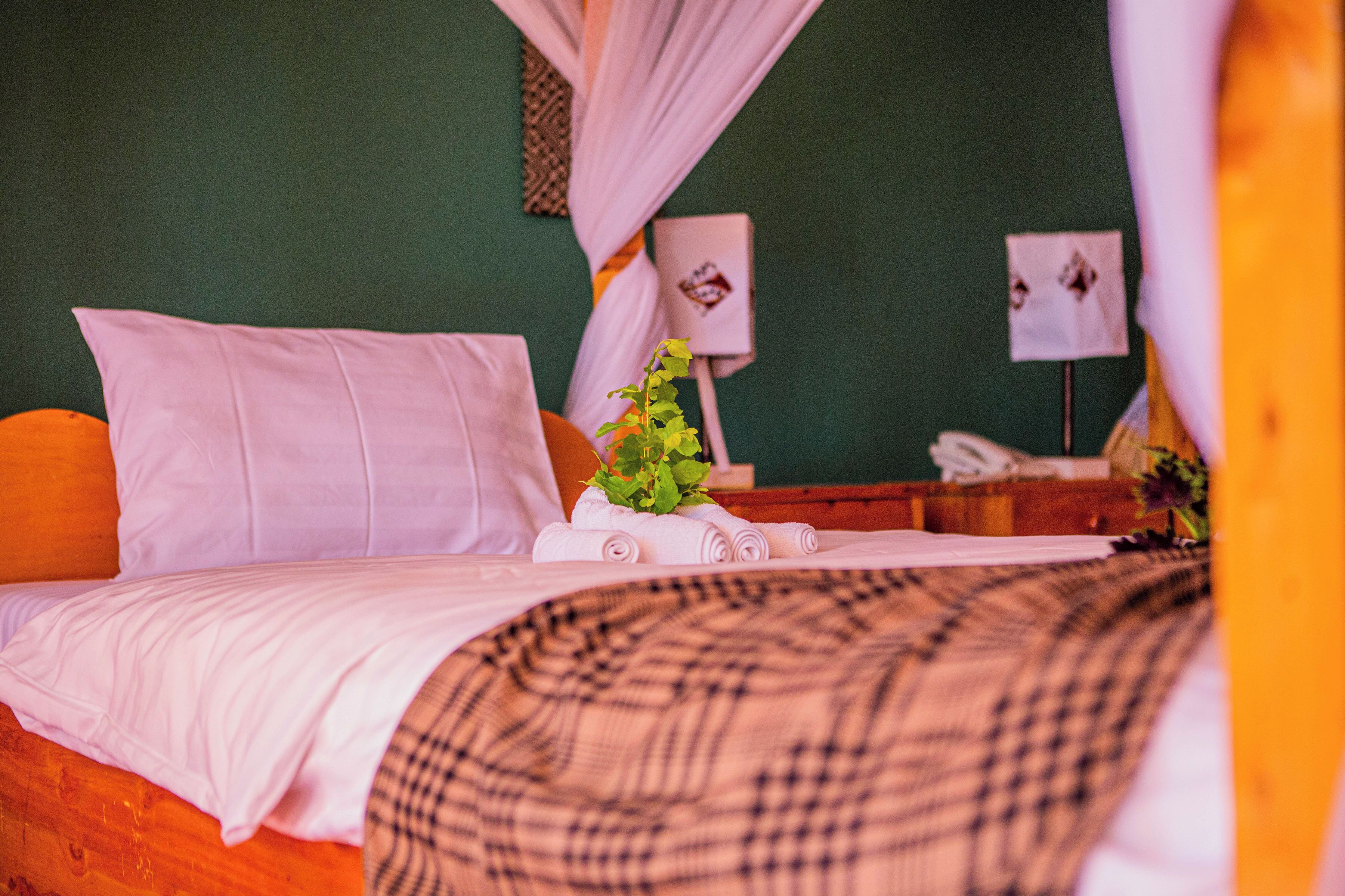 A neatly made bed with white linens and a checkered blanket, a small plant on the bed, and a nightstand with a lamp and a card.