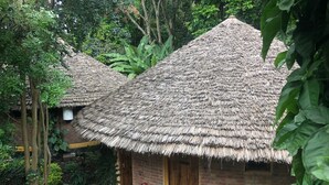 A traditional thatched-roof house with a brick base, surrounded by lush greenery. - Ilboru Safari Lodge - The Platinum Route Company Limited (Arusha)