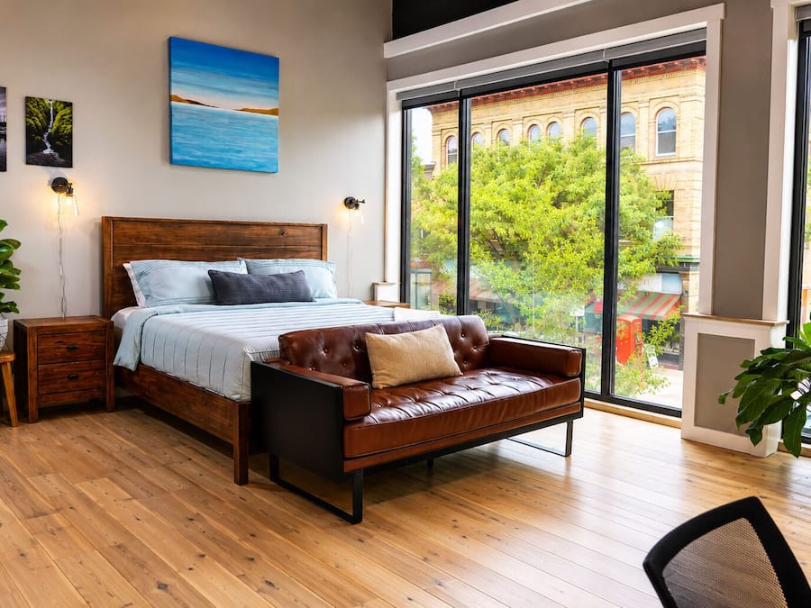 Slaapkamer met een groot bed, een leren bank, houten vloeren en uitzicht op een gebouw door grote ramen.