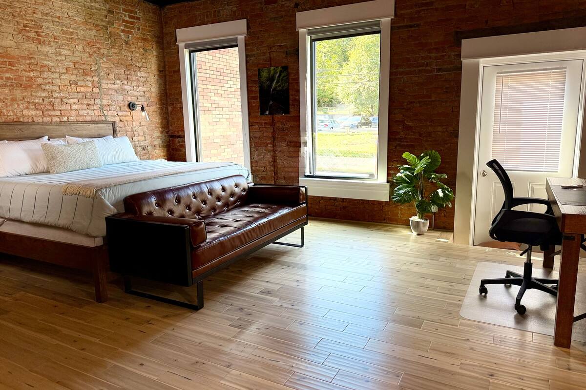 Un dormitorio con cama, sofá, escritorio y una planta en maceta.
