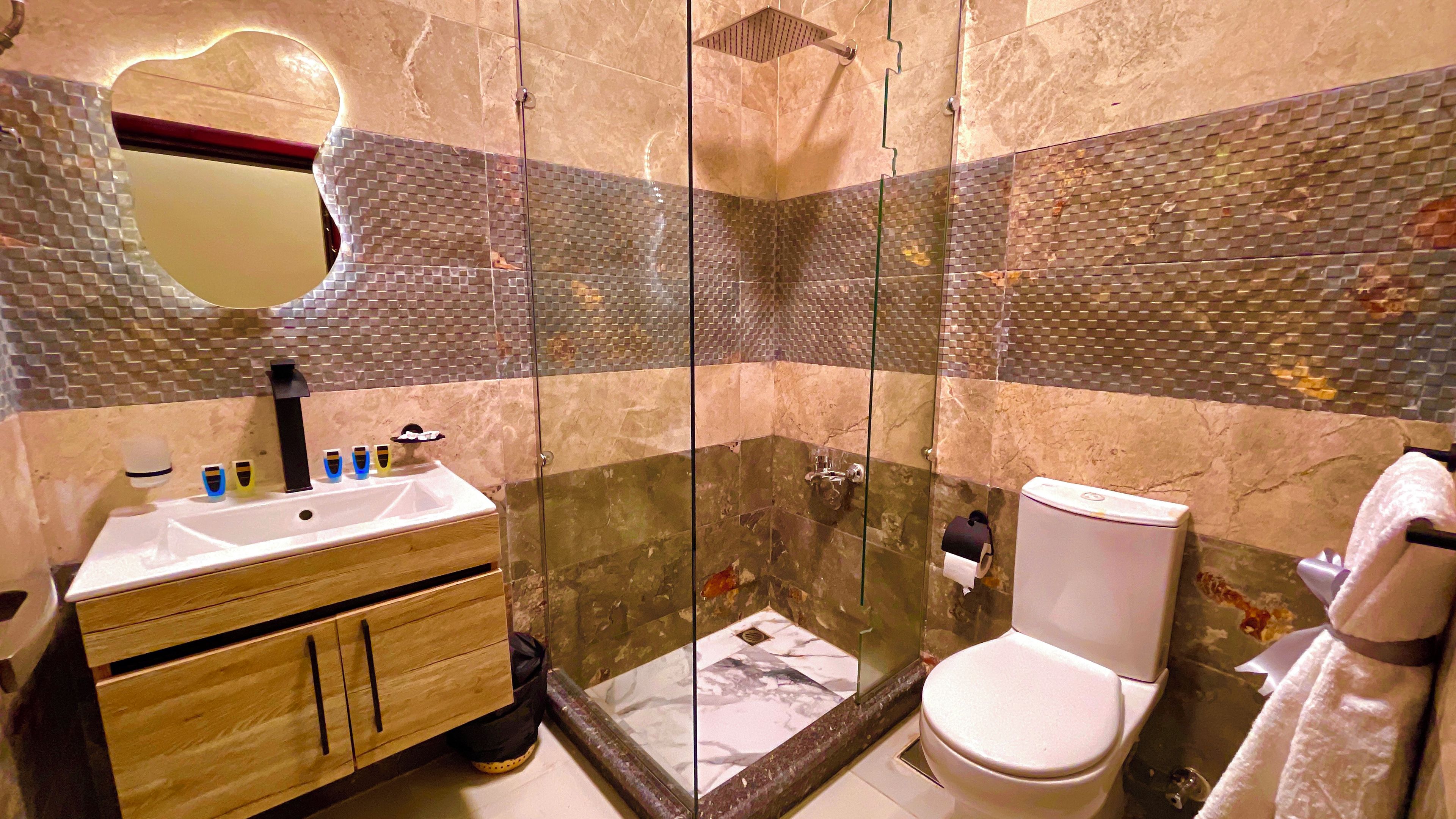A bathroom with a glass-enclosed shower, a sink with toiletries, and a toilet.