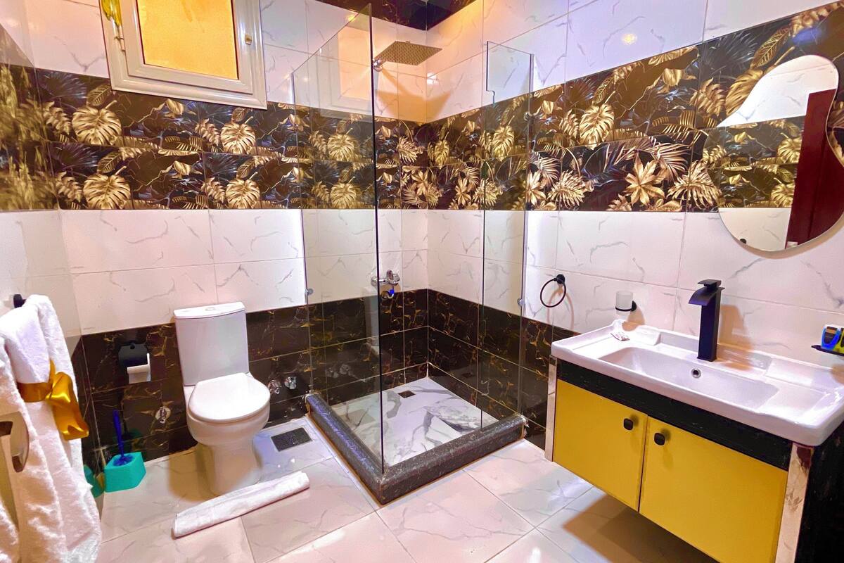 A modern bathroom with a glass shower enclosure, a toilet, and a sink with a mirror.