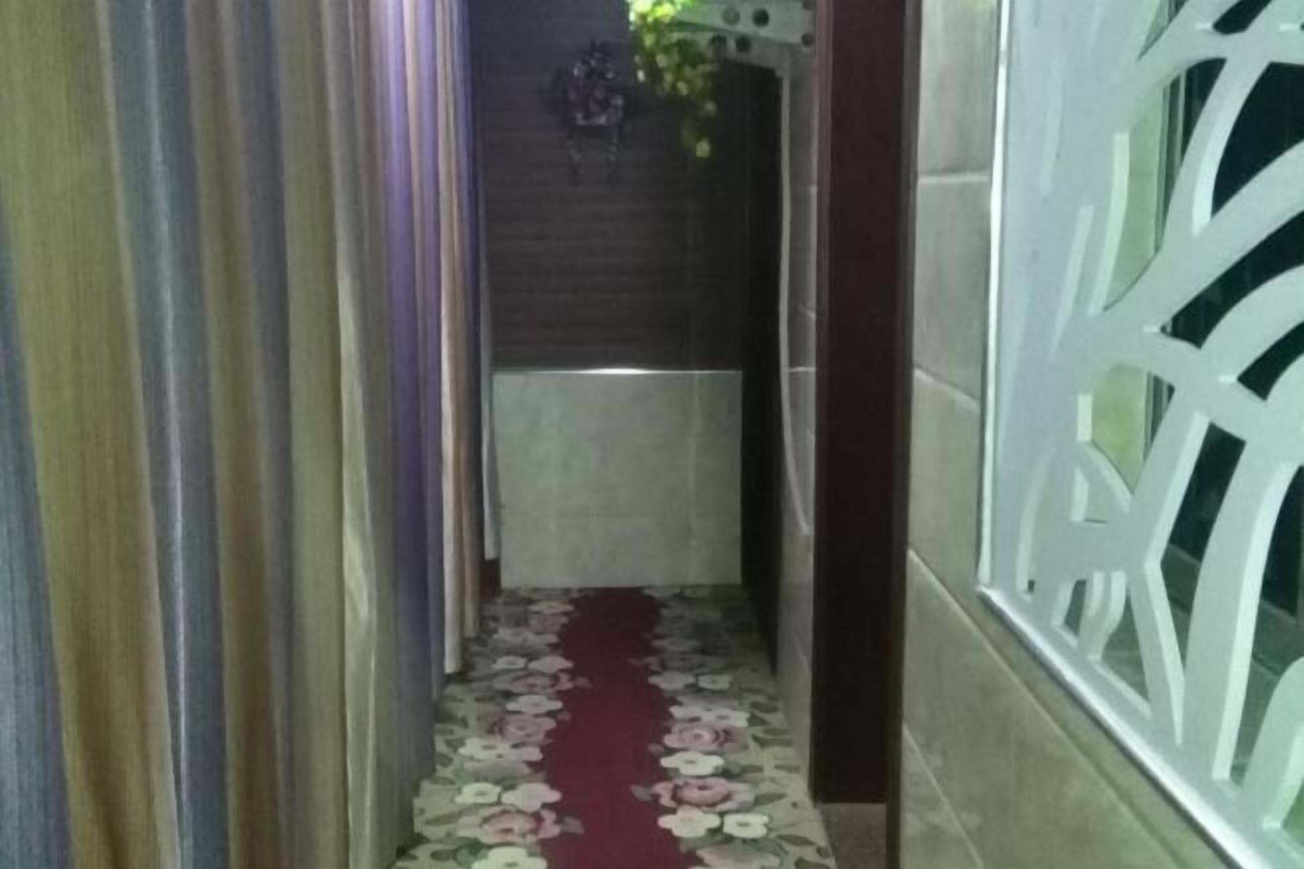 Un couloir étroit avec un tapis à motifs floraux, un mur décoratif et une fenêtre à croisillons blancs.