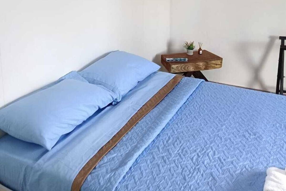 A bedroom with a bed, pillows, a nightstand, and two wall-mounted paintings.