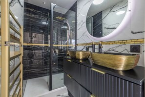 Shower, hair dryer, towels