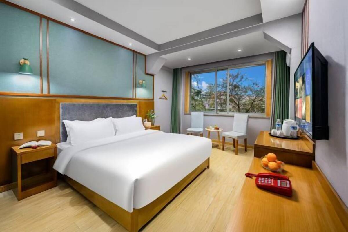 A hotel room with a large bed, a bedside table with a phone, a small table with a bowl of fruit, a TV on the wall, and a window with a view of trees.