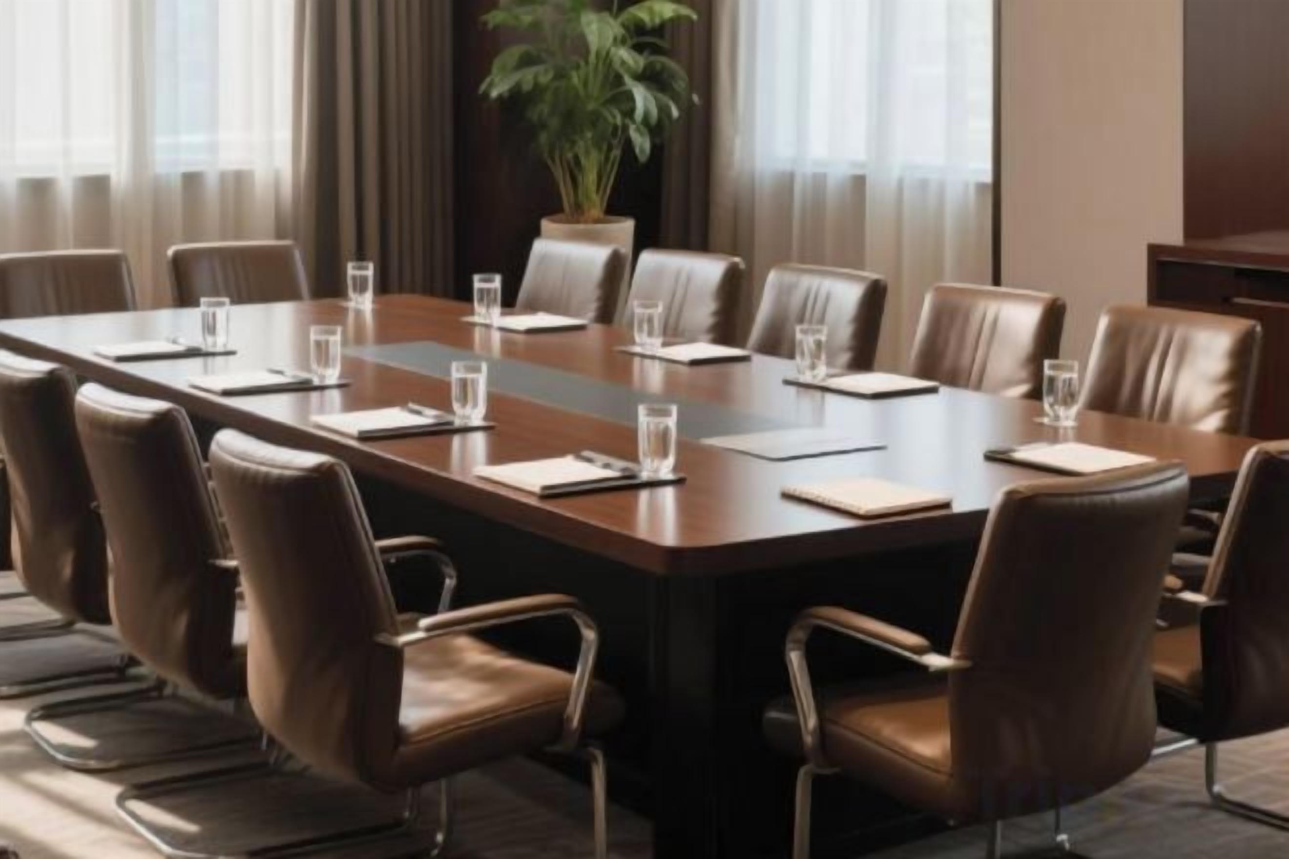 Una sala de conferencias con una larga mesa, sillas de cuero marrón y una planta en maceta.