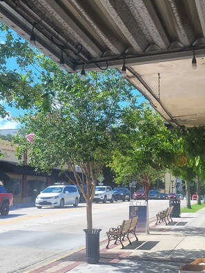 A covered outdoor seating area with a bench and trash can, under a wooden structure with hanging lights. - Charming 1925 House in the Heart of DeLand. (DeLand)