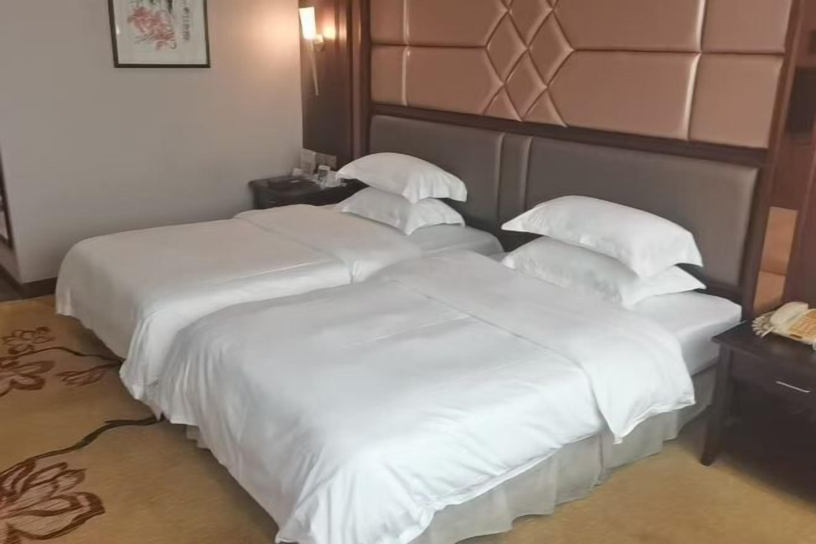 Een hotelkamer met twee bedden, een hoofdbord met een geometrisch patroon, een nachtkastje met een lamp en een vloerkleed met bloemenmotief.