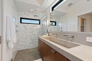 Hair dryer, towels, soap, toilet paper