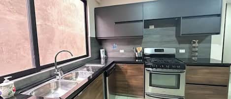 Fridge, microwave, stovetop, toaster
