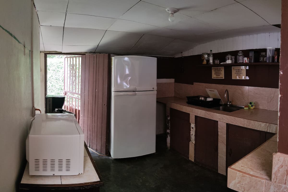 Frigorífico grande, microondas, placa de cocina y utensilios de cocina