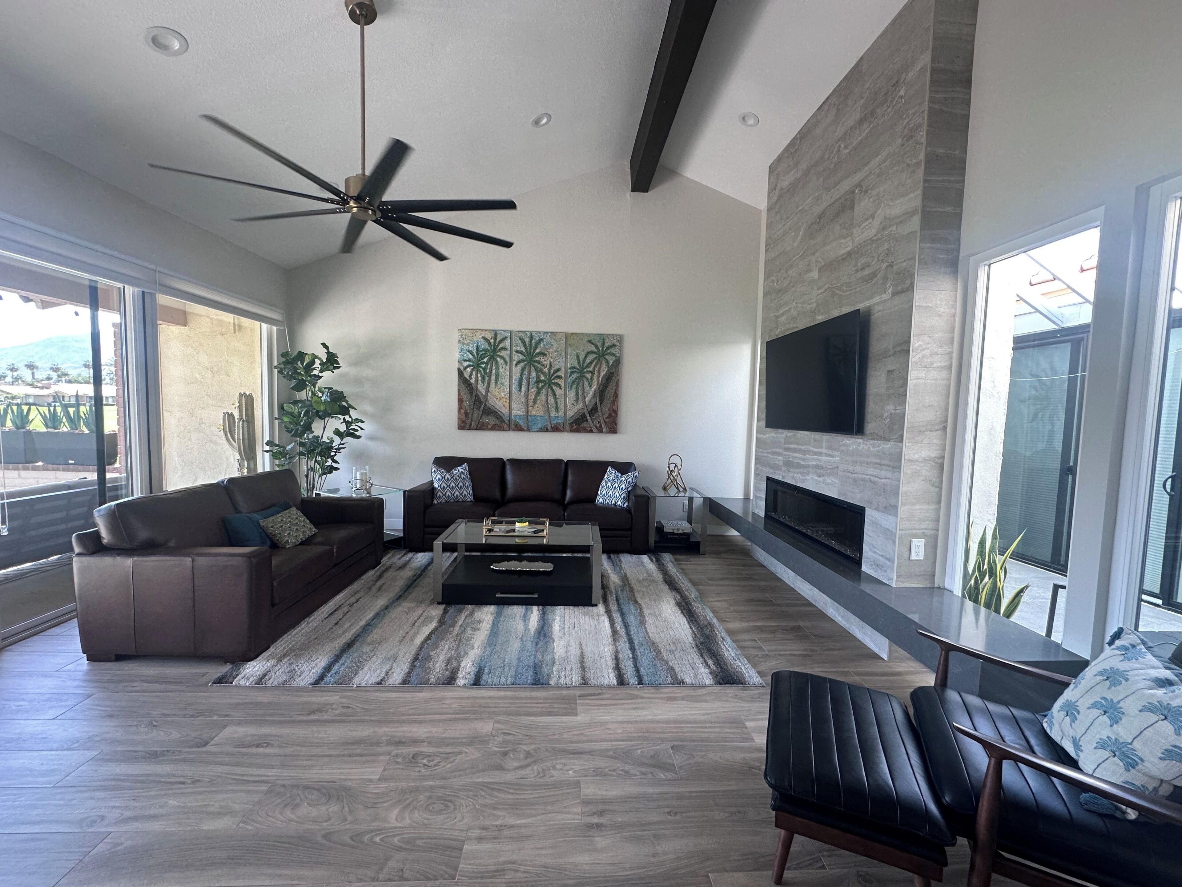 Smart TV, fireplace, books